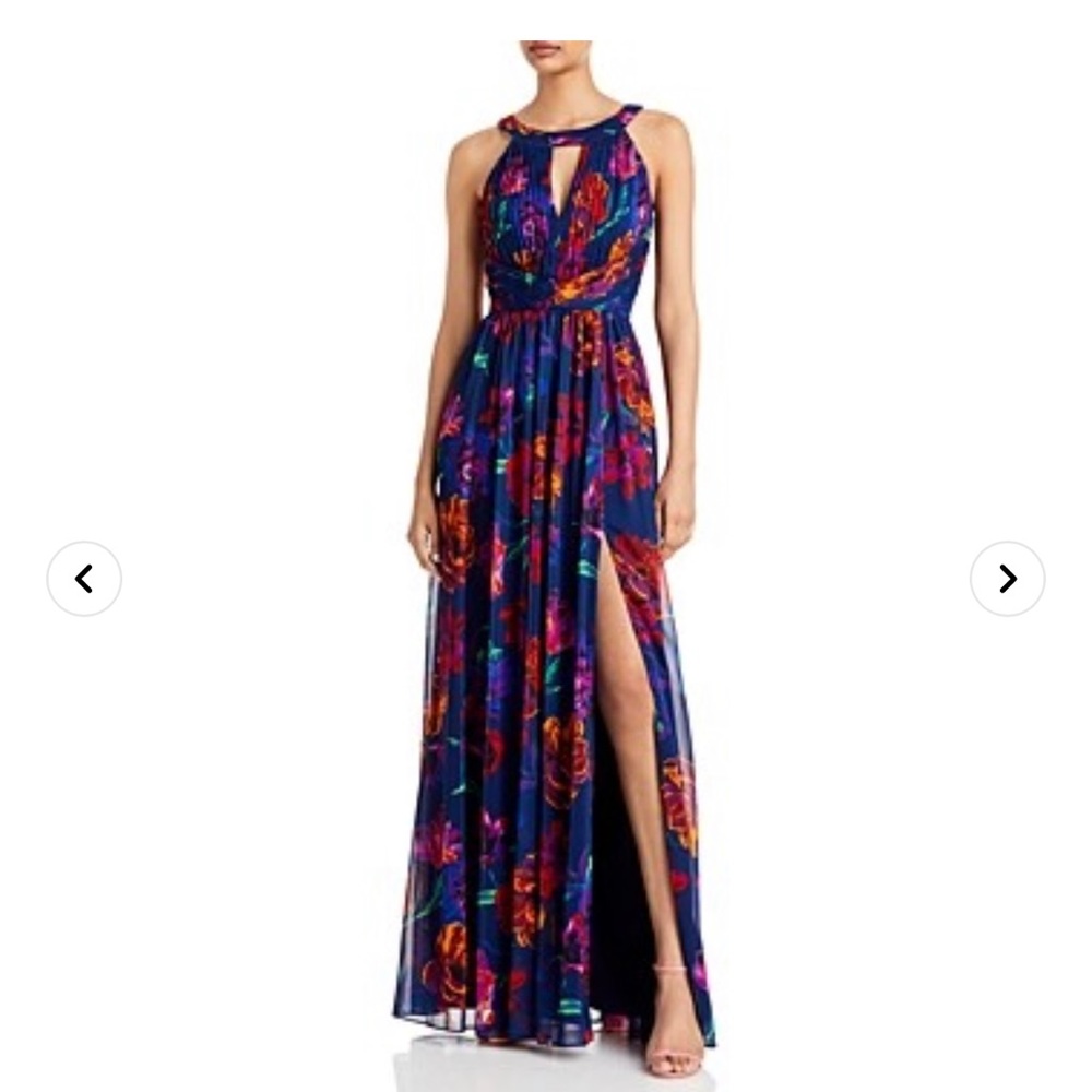 Aidan Mattox Floral Chiffon Pleated Halter Gown Twilight Blue Size 8